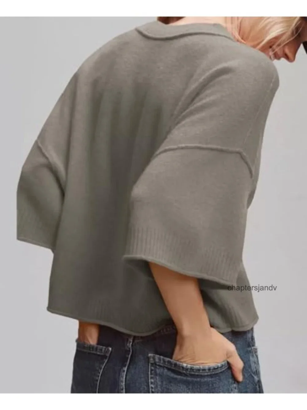 Oversized Cropped Knit Pullover Sweater 3/4 Sleeve Crew Neck Casual